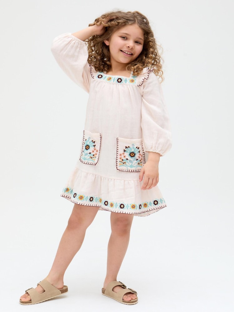 Raffya Cream Lisa Square Neck Placement Print 100% Cotton Dress - Image 5 of 5