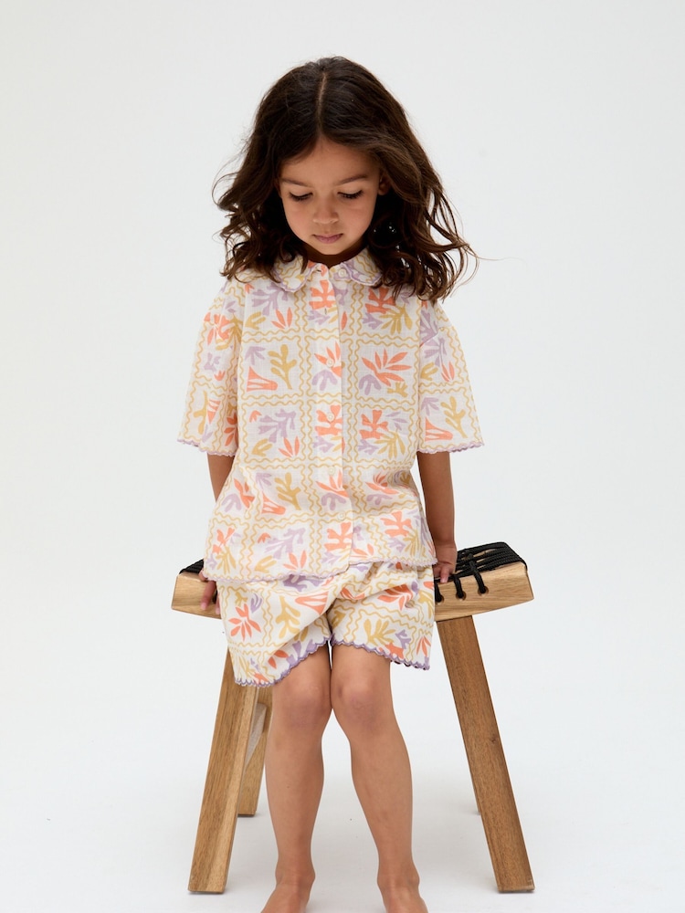 Raffya Cream Gilly Printed 100% Cotton Shorts - Image 1 of 4