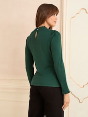 Love & Roses Teal Blue Frill Neck Long Sleeve Jersey Top - Image 3 of 4