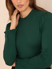 Love & Roses Teal Blue Frill Neck Long Sleeve Jersey Top - Image 4 of 4