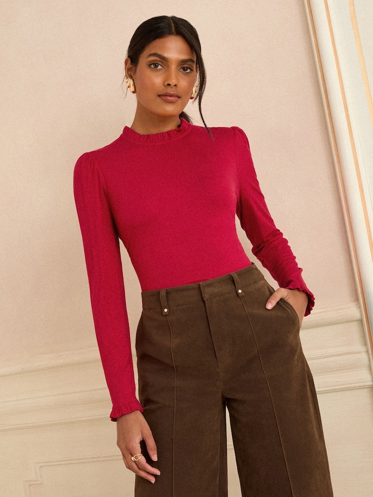 Love & Roses Red Frill Neck Long Sleeve Jersey Top - Image 1 of 4