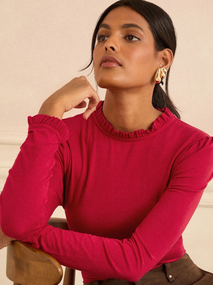 Love & Roses Red Frill Neck Long Sleeve Jersey Top - Image 2 of 4