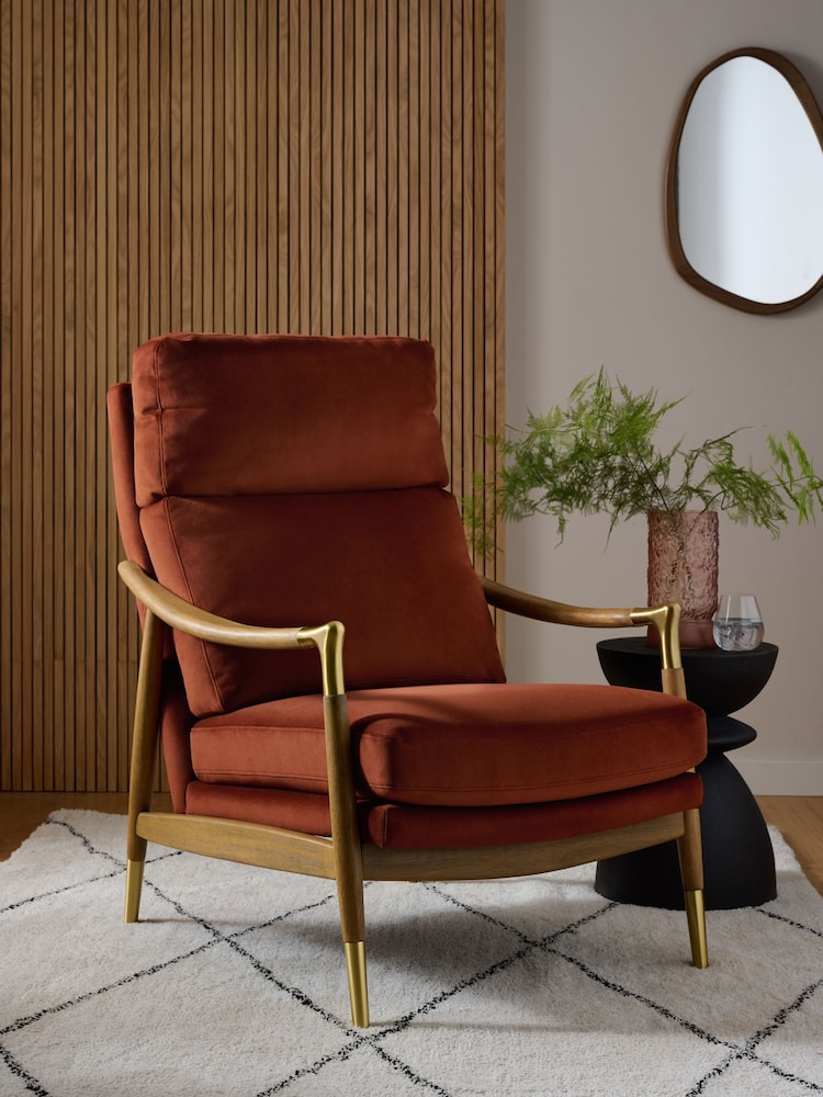 Soft Velvet Rust Brown Flinton High Back Wooden Accent Chair - Image 1 of 10 Soft Velvet Rust Brown Flinton High Back Wooden Accent Chair - Image 1 of 10