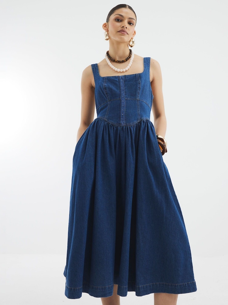 River Island Blue 100% Cotton Denim Corset Midi Dress - Image 2 of 4 River Island Blue 100% Cotton Denim Corset Midi Dress - Image 2 of 4