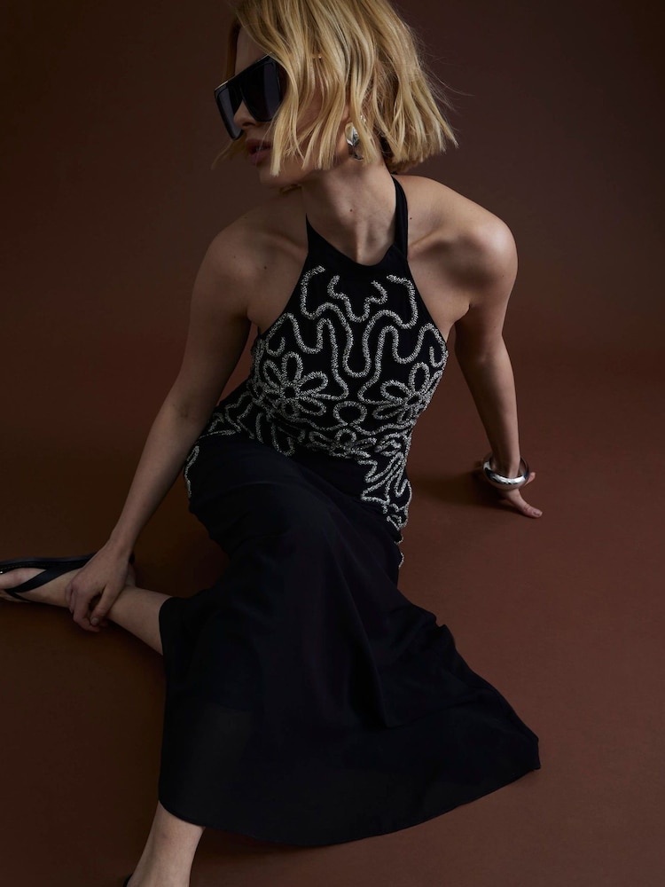 River Island Black Premium Halter Neck Embellished Maxi Dress - Image 2 of 4 River Island Black Premium Halter Neck Embellished Maxi Dress - Image 2 of 4