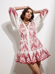 River Island Red 100% Cotton Long Sleeve Broderie Shirt Dress - Image 1 of 4
