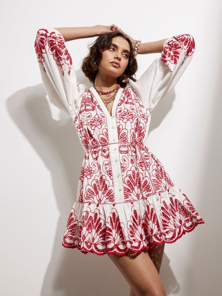 River Island Red 100% Cotton Long Sleeve Broderie Shirt Dress - Image 1 of 4