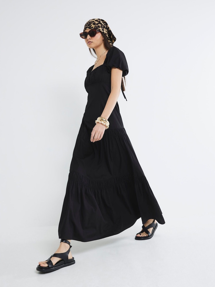 River Island Black 100% Cotton Puff Sleeve Tea Midi Dress - Image 1 of 4