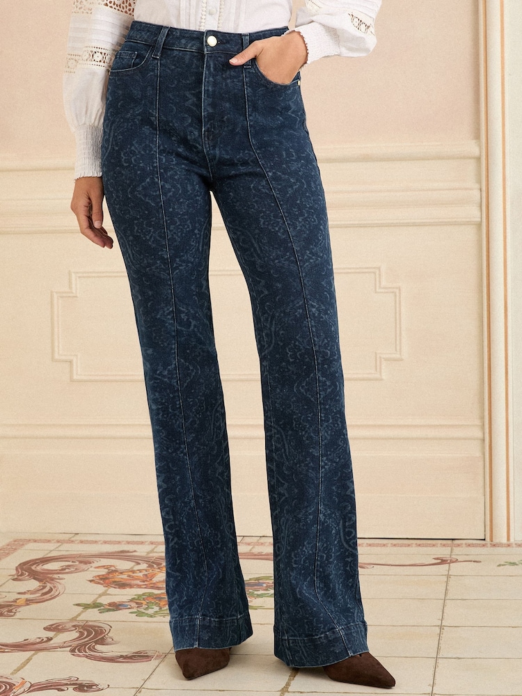 Love & Roses Dark Blue Scarf Print Flared Jeans - Image 1 of 5
