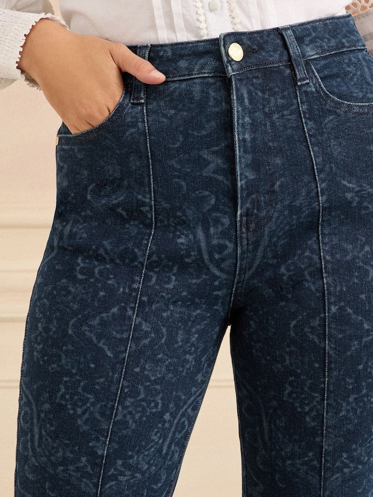 Love & Roses Dark Blue Scarf Print Flared Jeans - Image 5 of 5