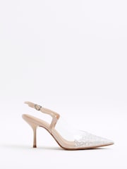 River Island Beige Embellished Perspex Court Shoes - Image 1 of 5