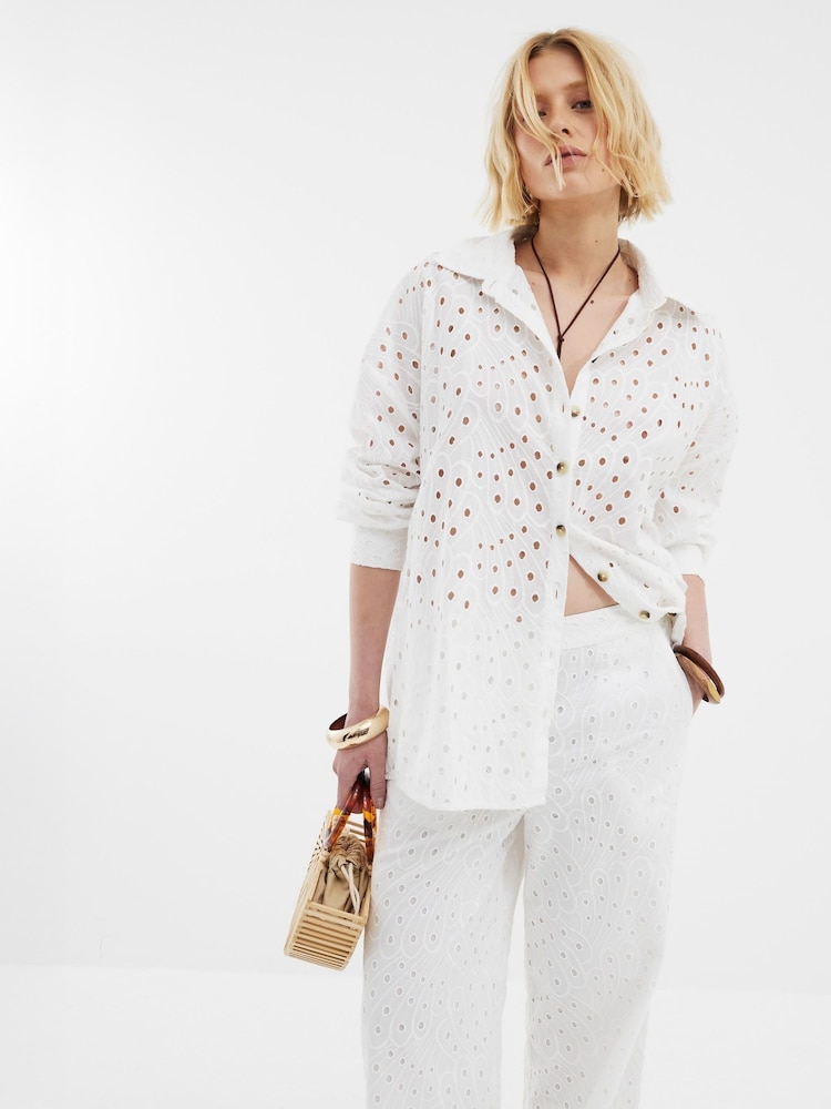 River Island White Oversized Broderie 100% Cotton Shirt - Image 1 of 4 River Island White Oversized Broderie 100% Cotton Shirt - Image 1 of 4