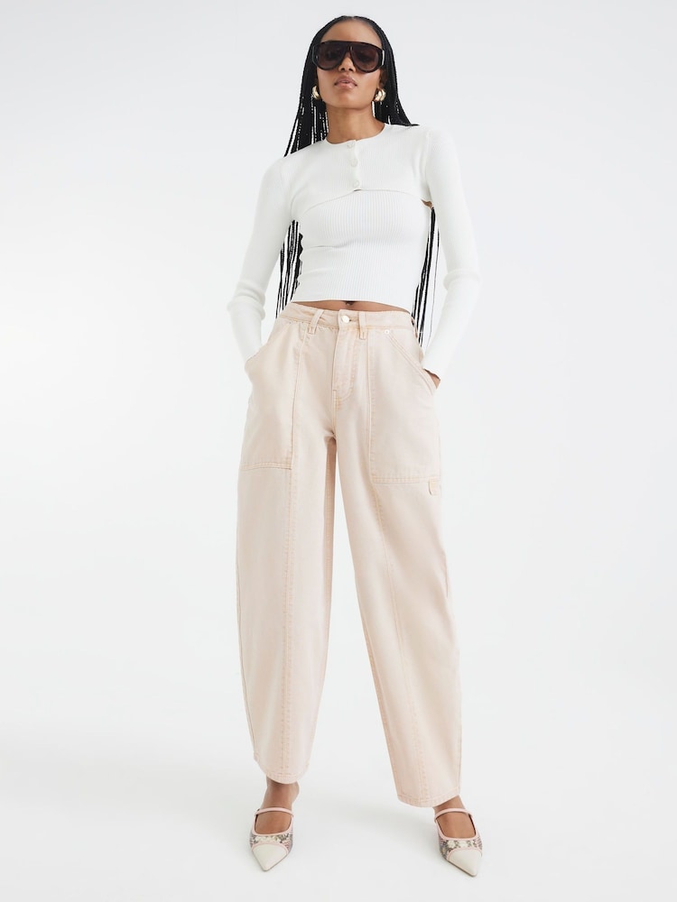 River Island Cream Barrel Denim 100% Cotton Trousers - Image 1 of 4
