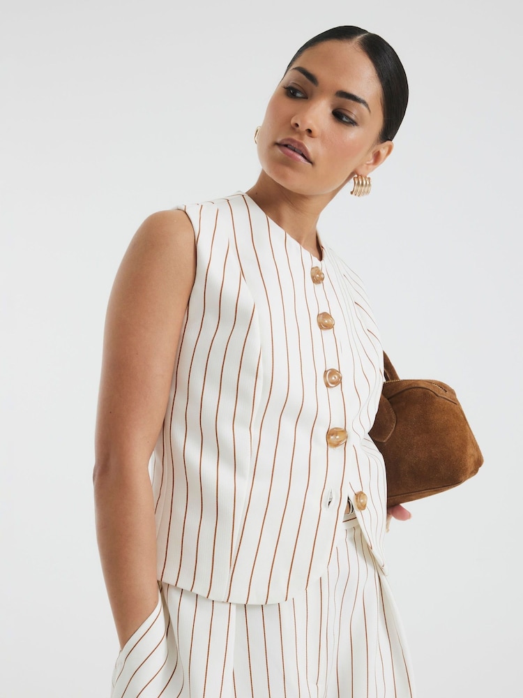 River Island White Petite Stripe High Neck Fitted Waistcoat - Image 4 of 4 River Island White Petite Stripe High Neck Fitted Waistcoat - Image 4 of 4