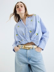 River Island Blue Lemon Stripe Printed 100% Cotton Shirt - Image 1 of 4