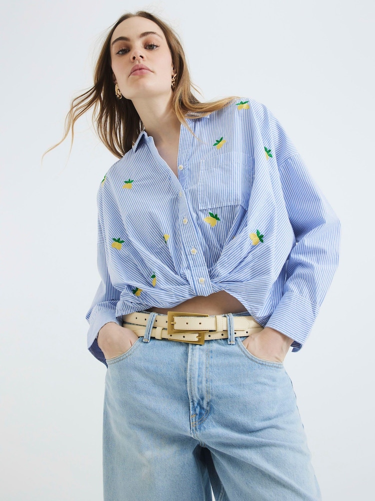 River Island Blue Lemon Stripe Printed 100% Cotton Shirt - Image 1 of 4