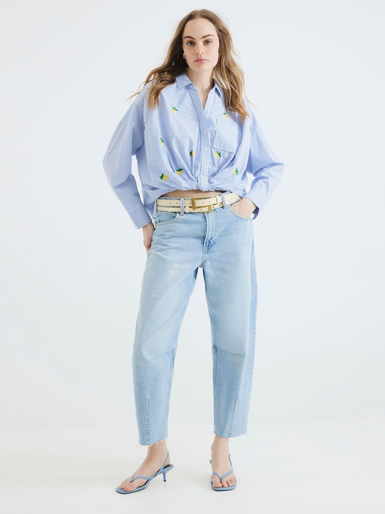 River Island Blue Lemon Stripe Printed 100% Cotton Shirt - Image 2 of 4