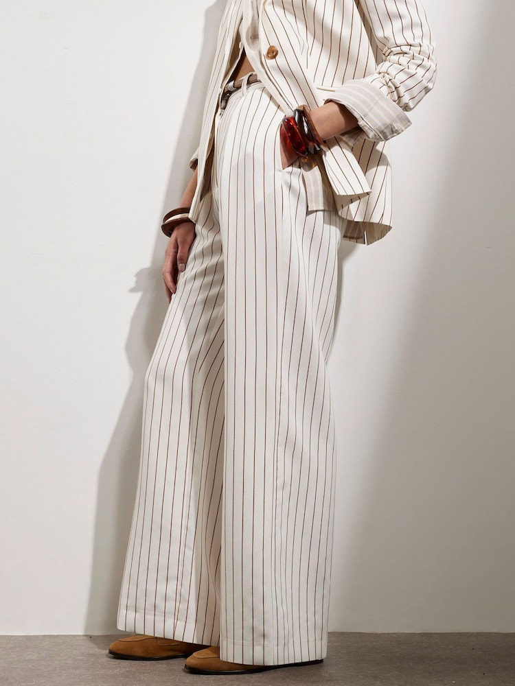 River Island White Stripe Belted Wide Leg Trousers - Image 1 of 4 River Island White Stripe Belted Wide Leg Trousers - Image 1 of 4