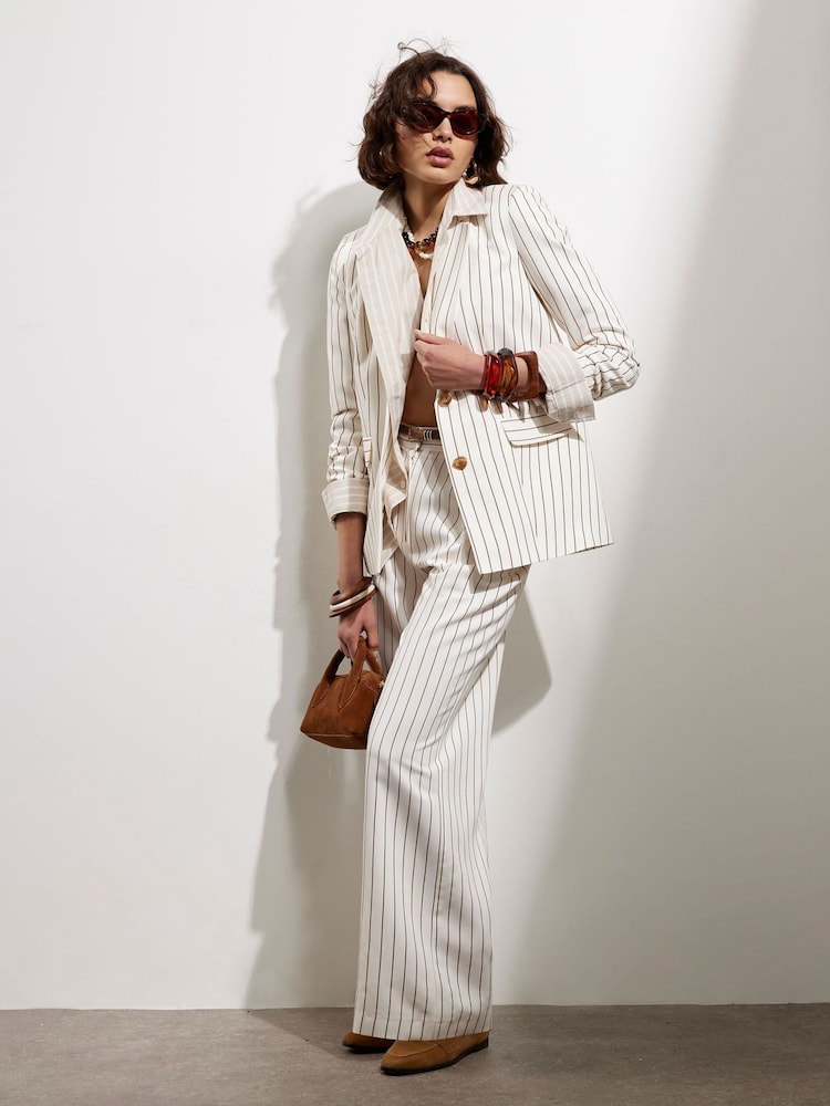 River Island White Stripe Belted Wide Leg Trousers - Image 2 of 4 River Island White Stripe Belted Wide Leg Trousers - Image 2 of 4