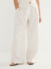 River Island White Petite Stripe Belted Wide Leg Trousers - Image 1 of 4