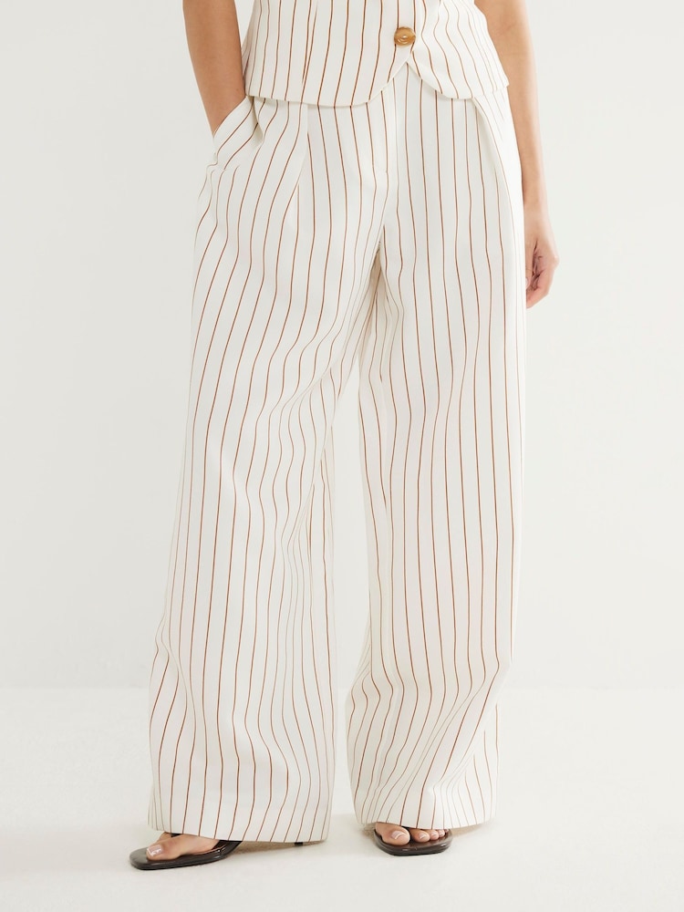 River Island White Petite Stripe Belted Wide Leg Trousers - Image 1 of 4