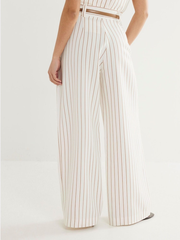 River Island White Petite Stripe Belted Wide Leg Trousers - Image 2 of 4