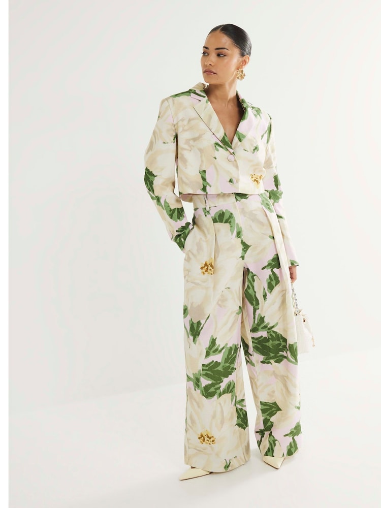 River Island Cream Petite Floral Wide Leg Trousers - Image 1 of 5 River Island Cream Petite Floral Wide Leg Trousers - Image 1 of 5