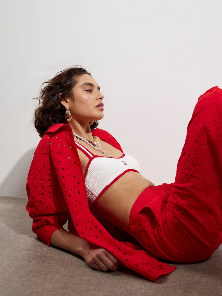 River Island Red Broderie 100% Cotton Trousers - Image 4 of 4