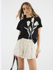 River Island Black Organza Flower Trim 100% Cotton T-Shirt - Image 1 of 4