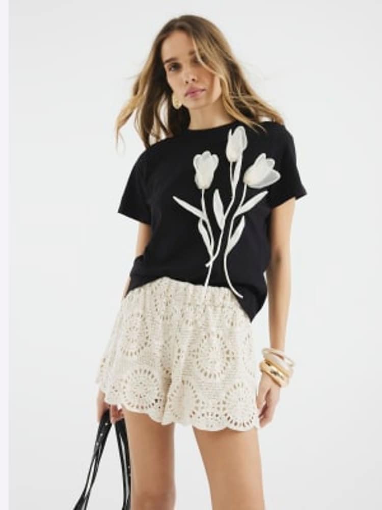 River Island Black Organza Flower Trim 100% Cotton T-Shirt - Image 1 of 4