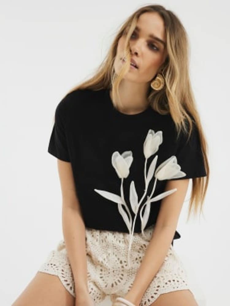 River Island Black Organza Flower Trim 100% Cotton T-Shirt - Image 2 of 4 River Island Black Organza Flower Trim 100% Cotton T-Shirt - Image 2 of 4