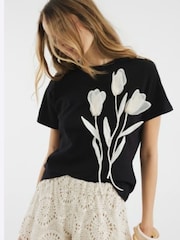 River Island Black Organza Flower Trim 100% Cotton T-Shirt - Image 4 of 4