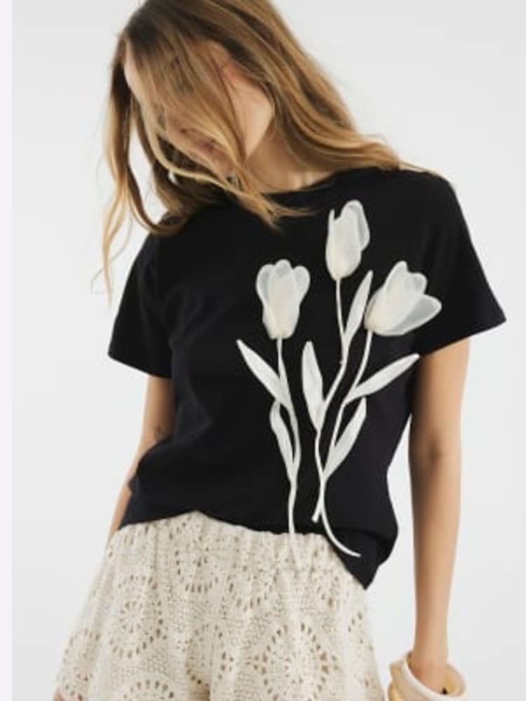 River Island Black Organza Flower Trim 100% Cotton T-Shirt - Image 4 of 4