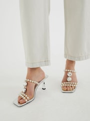 River Island Silver Pearl Detail Heeled Sandals - Image 1 of 6