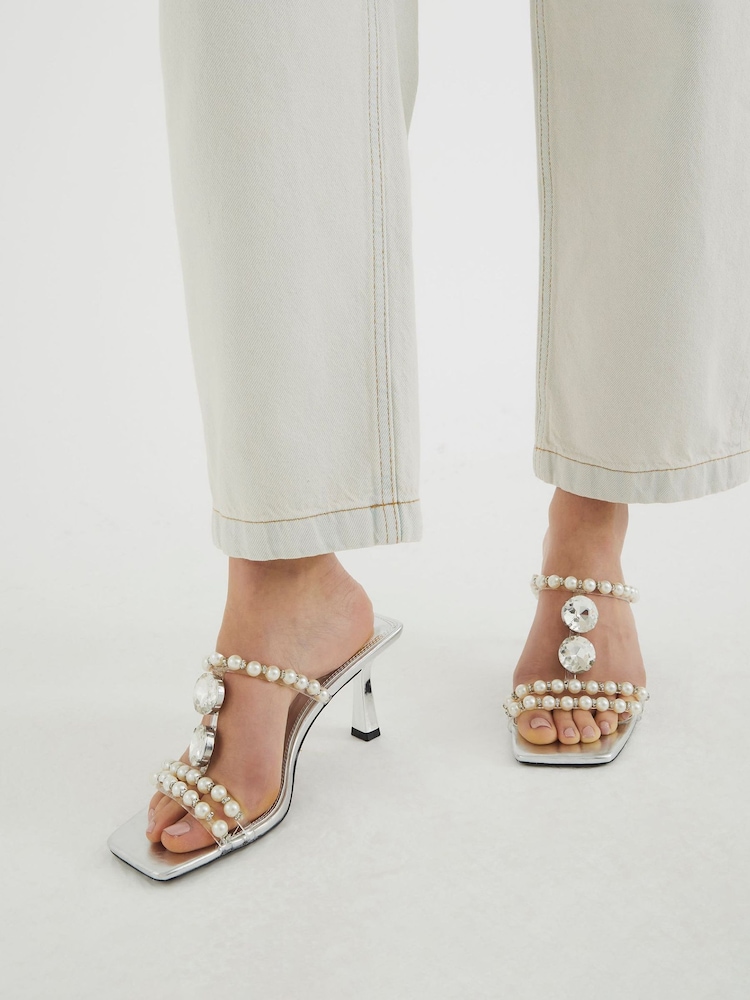 River Island Silver Pearl Detail Heeled Sandals - Image 1 of 6