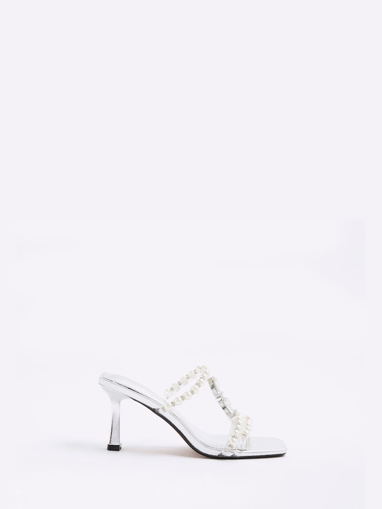 River Island Silver Pearl Detail Heeled Sandals - Image 2 of 6