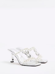 River Island Silver Pearl Detail Heeled Sandals - Image 3 of 6