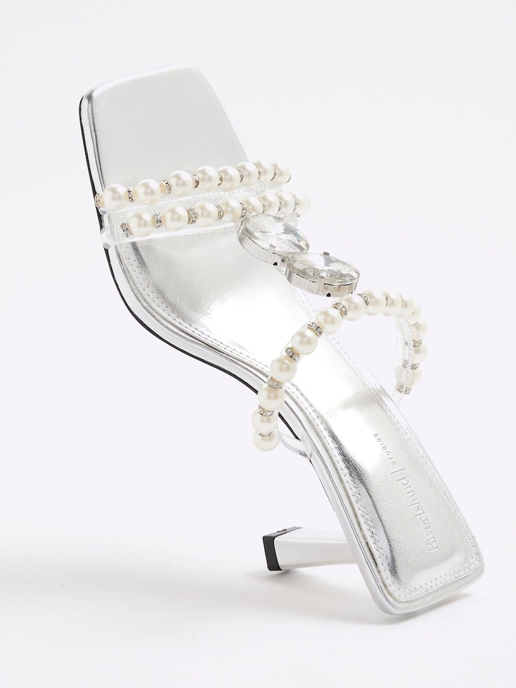 River Island Silver Pearl Detail Heeled Sandals - Image 6 of 6