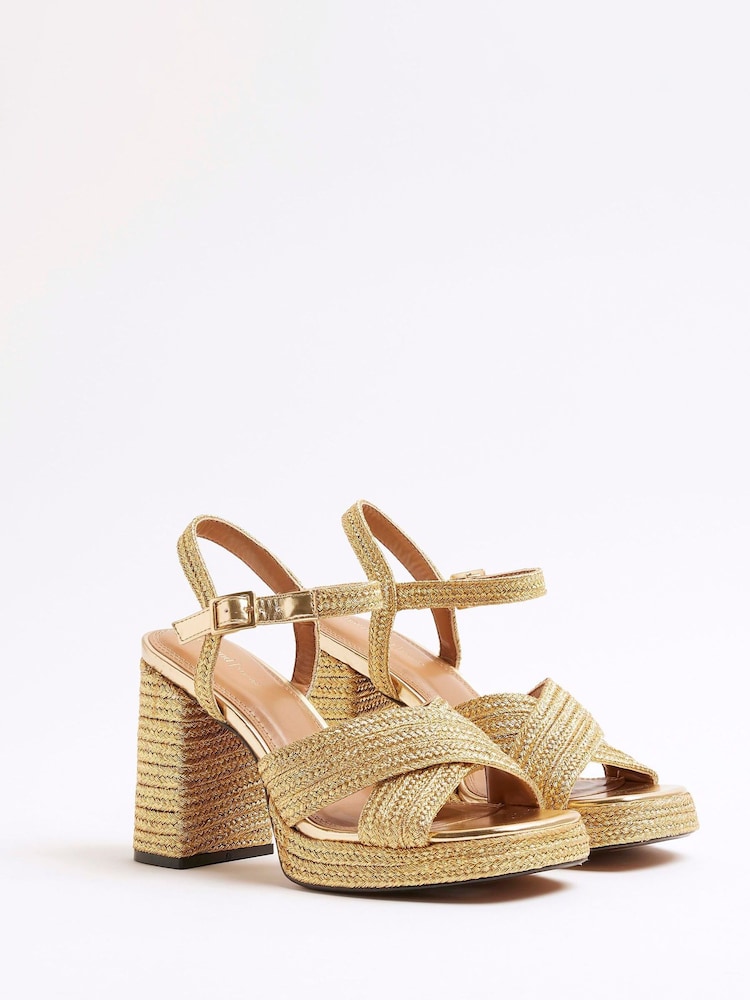 River Island Gold Raffia Platform Heeled Sandals - Image 2 of 6 River Island Gold Raffia Platform Heeled Sandals - Image 2 of 6