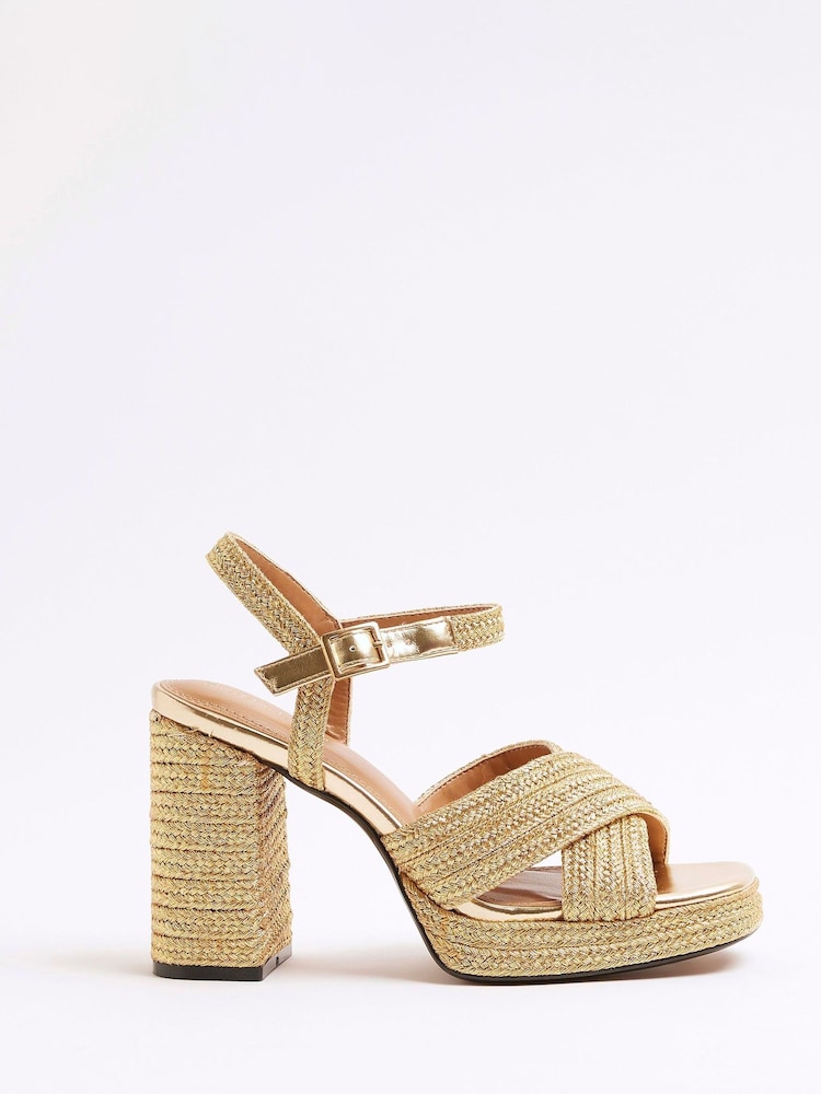 River Island Gold Raffia Platform Heeled Sandals - Image 3 of 6