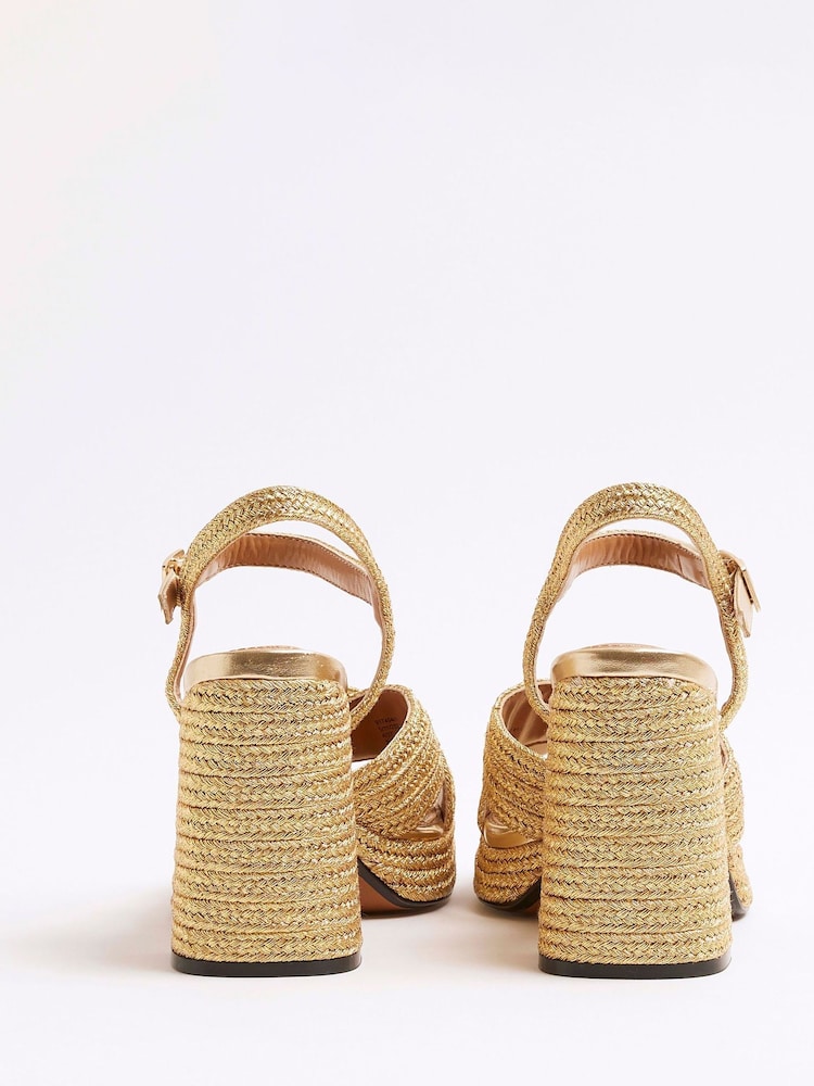 River Island Gold Raffia Platform Heeled Sandals - Image 4 of 6