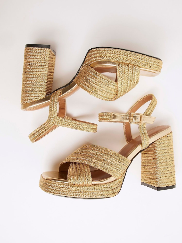 River Island Gold Raffia Platform Heeled Sandals - Image 5 of 6