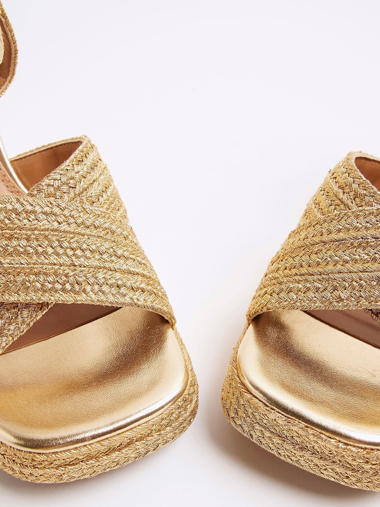River Island Gold Raffia Platform Heeled Sandals - Image 6 of 6 River Island Gold Raffia Platform Heeled Sandals - Image 6 of 6