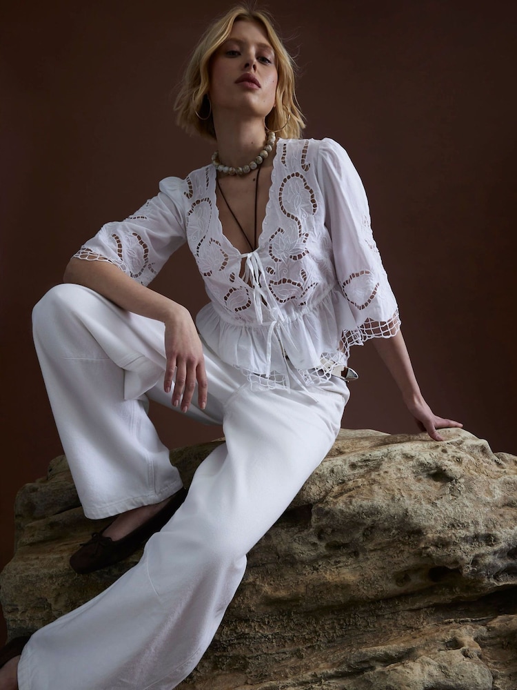 River Island White 100% Cotton 3/4 Sleeve Tie Front Cutwork Blouse - Image 1 of 1