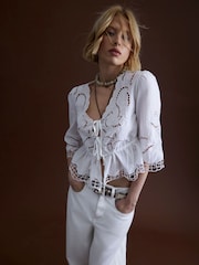River Island White 100% Cotton 3/4 Sleeve Tie Front Cutwork Blouse - Image 2 of 5