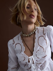 River Island White 100% Cotton 3/4 Sleeve Tie Front Cutwork Blouse - Image 3 of 5