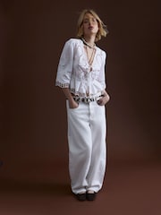 River Island White 100% Cotton 3/4 Sleeve Tie Front Cutwork Blouse - Image 4 of 5