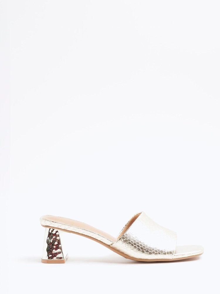 River Island Gold Textured Block Heel Mules - Image 1 of 5
