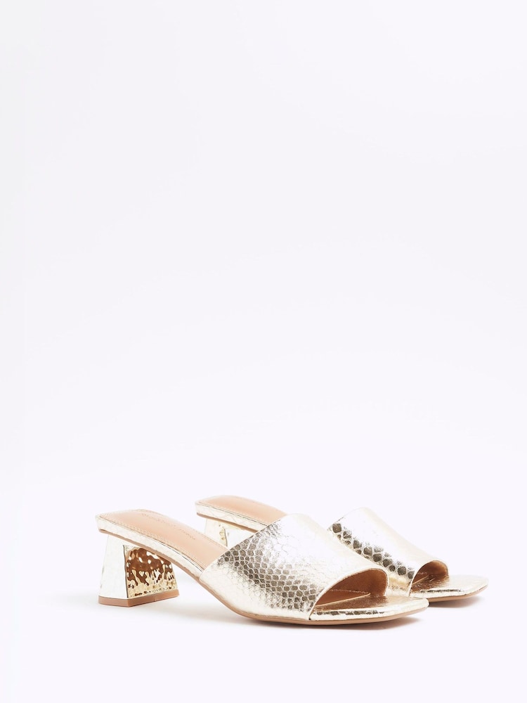 River Island Gold Textured Block Heel Mules - Image 2 of 5
