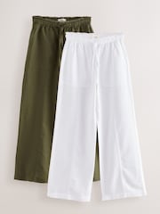 Khaki/White Wide Leg Pull On Linen Blend Trousers 2 Pack - Image 1 of 11